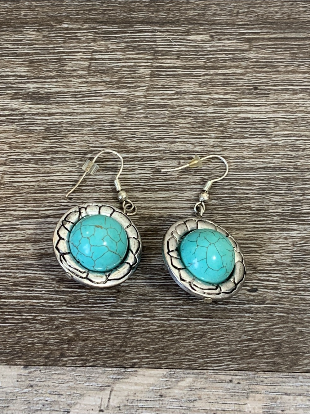 Turquoise Colored Bead Drop Earrings in Silver Tone